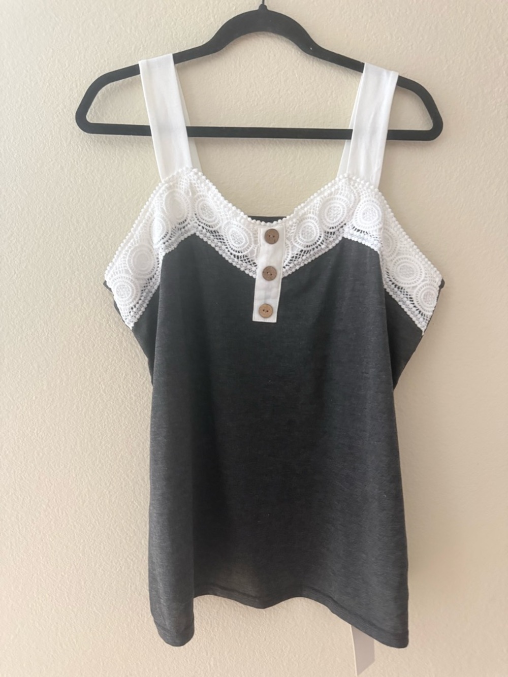 Tank Top Dark Grey W/ White Lace Accents Sz. XL. NWT. New Fashion